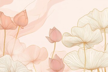 Botanical banner design showcasing intricate gold linework of lotus leaves on a soft pastel background, ideal for modern wallpaper and print designs.