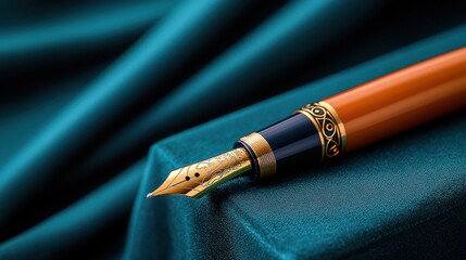 Naklejka premium [luxury villa private exquisite] Dark Blue Fabric Rolled Fountain Pen With Engraved Wood Nib And Ink Reservoir