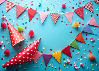 Obraz premium Festive Birthday Celebration Background with Party Hat, Balloons, and Colorful Decorations.