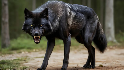 Naklejka premium A fierce black wolf baring its teeth, showcasing its wild and intimidating nature. generative ai