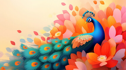 Naklejka premium The Radiant Peacock: A Symphony of Colors and Flowers