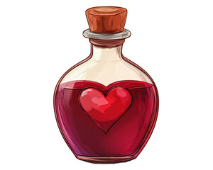 glass bottle with heart shaped design contains red liquid, symbolizing love or magical potion. wooden cork adds rustic touch to enchanting appearance
