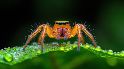 Fototapeta premium [Closeup image of a spider on green leaves] Vibrant Spider Perched on Green Leaves - Macro Close-Up Nature Shot