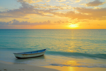 Fototapeta premium Travel. A sleek luxury small boat gliding smoothly over crystal-clear blue ocean waters with the sun setting on the horizon, with copy space. Soft golden light. Serene ocean background. 