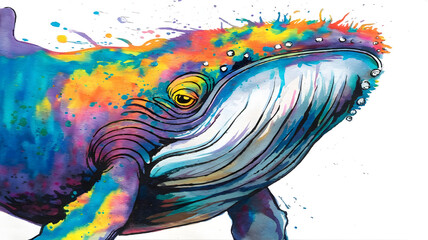 A watercolor painting of a whale with vibrant and colorful fur.