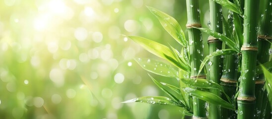 Fototapeta premium Lush vibrant bamboo leaves swaying gently in a serene natural setting with soft dappled sunlight filtering through the foliage creating a calming and rejuvenating atmosphere