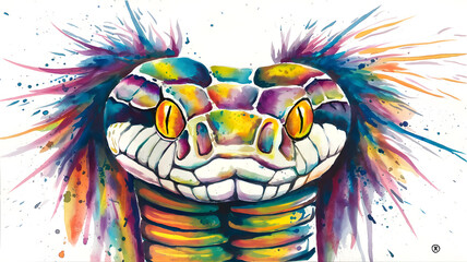 A watercolor painting of a snake face with vibrant and colorful fur.