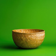 Fototapeta premium [Woven natural fiber baskets] Cozy Natural Woven Basket on Solid Green Background, Handcrafted Wicker Details on Wooden Basket Against Fresh Green Backdrop