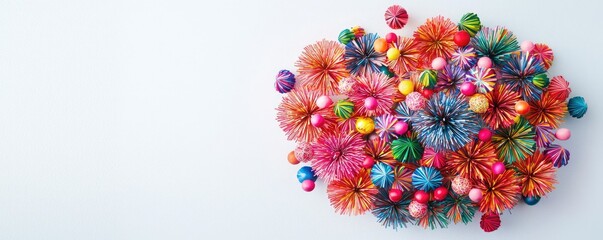 A vibrant assortment of colorful pom-poms and decorative balls arranged artistically against a light background.