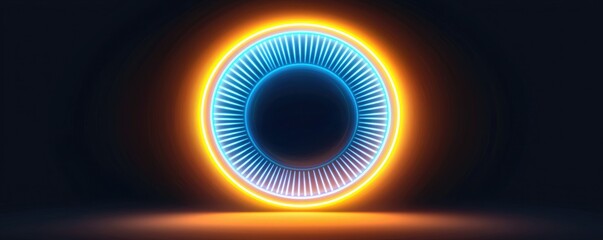 A glowing circular design with vibrant blue and orange hues, creating a striking visual effect against a dark background.
