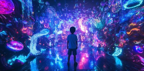 A boy stands in the center of an immersive art installation, surrounded by glowing digital lights