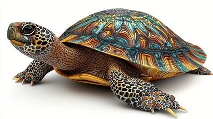 Colorful turtle walking, white background, digital art, nature illustration