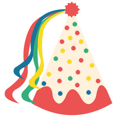 Party Cone Hat. Rainbow birthday party hat cartoon illustration. Birthday hat cones set. Colorful triangle caps with pom pom, striped, heart and star patterns, collection of decor for party. Isolated 