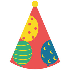 Party Cone Hat. Rainbow birthday party hat cartoon illustration. Birthday hat cones set. Colorful triangle caps with pom pom, striped, heart and star patterns, collection of decor for party. Isolated 