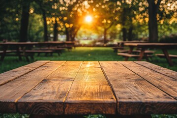 Rustic wooden table in serene park during golden hour sunset