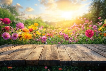 Beautiful Wooden Table in Front of Vibrant Flower Field and Sunset