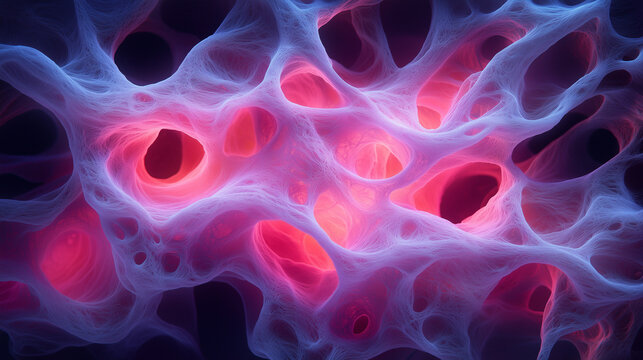 Bone tissue, SEM / A close-up of red and pink human bone cells in an abstract style