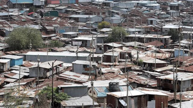 Overview of life going on in the Kibera slum of Nairobi, Kenya.