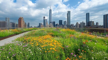 Green roof design with wildflowers and grass enhancing urban sustainability against the skyline