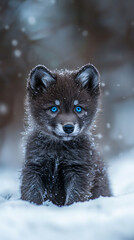 Obraz premium Macro close-up adorable wolf fox pups snowy landscapes expressive eyes soft fur natural winter forest woodland photography animal blue gaze look cute zoo wild instinct habitat baby silver fluffy