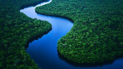 Amazon Rainforest River Aerial View: Lush Green Canopy and Winding Waterways