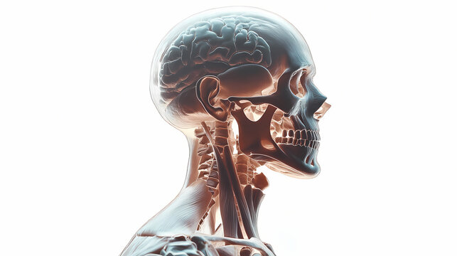 Detailed human anatomy illustration showcasing muscles and skeleton in profile view. on isolated white background. Dewlit. Illustration