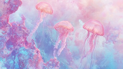 Fototapeta premium Ethereal Mechanical Jellyfish in Virtual Coral Reefs - Cinematic Ultra-Detailed Pastel Painting