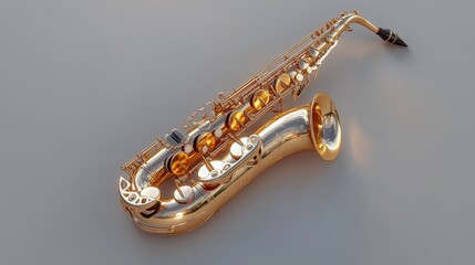 36.A highly detailed 3D vector image of a golden saxophone, rendered in rich, metallic hues, capturing the intricate design of the instrument. The saxophone shines under soft lighting, with