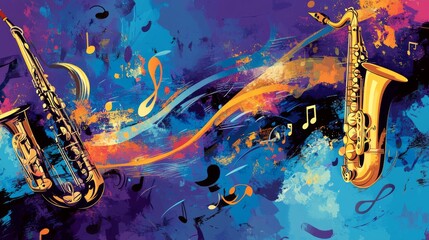 Naklejka premium 16.A jazz music festival poster design, with musical instruments such as saxophones, trumpets, and guitars integrated into the layout. The background features abstract musical notes and flowing sound