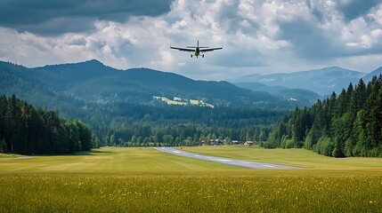 Airplane Landing in Alpine Scenery: A Breathtaking View of Nature and Aviation