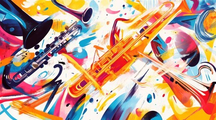20.A jazz music festival promotional poster design, with a dynamic arrangement of musical instruments like trumpets, saxophones, and guitars. The background is filled with abstract, swirling shapes