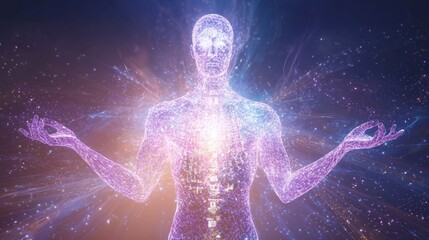 Digital Genius: Translucent Holographic Figure Writing Equations in Cinematic Artwork