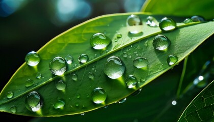 Emerald Leaf Dewdrops: Macro Photography of Vibrant Green Foliage