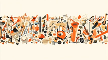 22.A long, horizontal vector banner featuring a wide range of musical instruments from an orchestra, including percussion instruments like drums and tambourines, wind instruments like saxophones and
