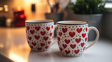 Fototapeta premium A pair of matching mugs with heart designs resting on a white kitchen counter.
