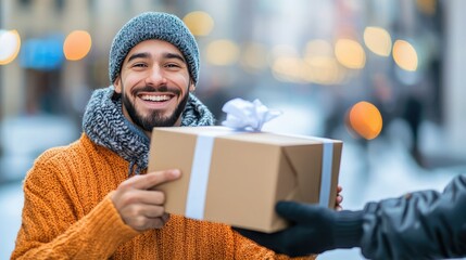 A joyful man in a cozy sweater receives a gift, smiling warmly against a blurred urban backdrop filled with soft lights.