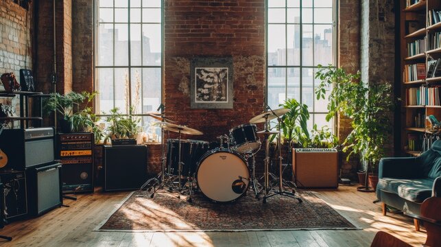 68.A modern music rehearsal studio located in a loft room, with a complete drum set in the center of the space. Two large windows provide an abundance of natural light and an urban city view. The