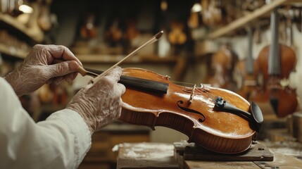 30.A senior expert violin makerâ€™s hand, with visible wrinkles and age, carefully paints a classic violin with varnish using a small, fine brush. The background is filled with the ambiance of a