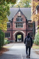 Person walks toward brick building, autumn leaves.