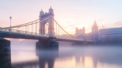 Obraz premium A bridge over a misty river with buildings in the background at sunrise.