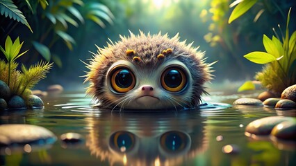 Naklejka premium Cute furry creature with large eyes in shallow water surrounded by greenery, adorable, creature, furry, large eyes
