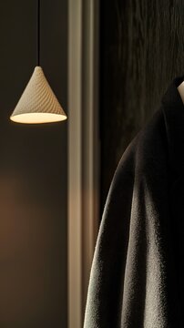 A hanging conical light shines on a dark wall next to a hanging coat.