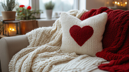 A cozy blanket on a couch with a throw pillow featuring a heart design.