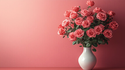 Fototapeta premium A Valentine’s Day card propped up against a vase of roses on a minimalist desk.