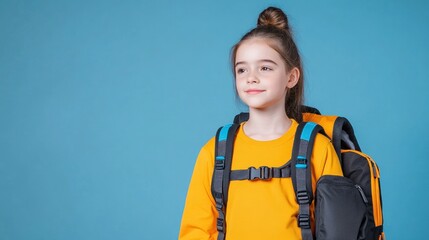 A young girl with a backpack smiles against a blue background.