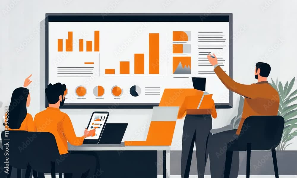 Poster business team analyzing data on interactive display screen during a meeting presentation showing key