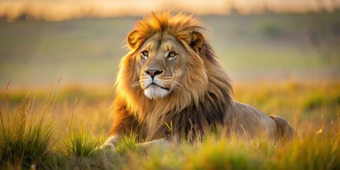 Fototapeta premium Majestic lion resting in the savanna, wildlife, predator, carnivore, safari, Africa, mane, majestic, King of the Jungle, fierce