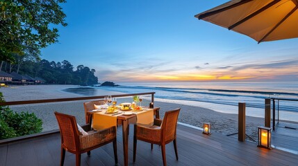 [Outdoor Dining meals restaurant beachside] Serene Sunset Beachside Dinner for Two at Dusk