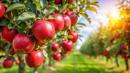 Obraz premium Red apples hanging on a Malus hybridus tree in a sunny orchard, apples, Malus hybridus, red, tree, orchard, fruit, fresh