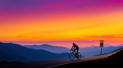 Fototapeta premium [Cycling adventures endurance events] Serene Mountain Trail at Sunset - Peaceful Cycling Scene in Nature with Orange Pink Purple Sky.